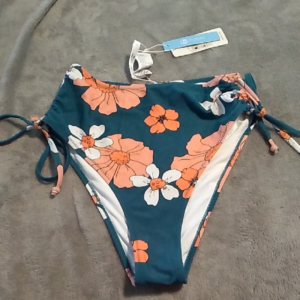 SPRING SALE Floral Bikini Bottom with Teal and Orange Accents